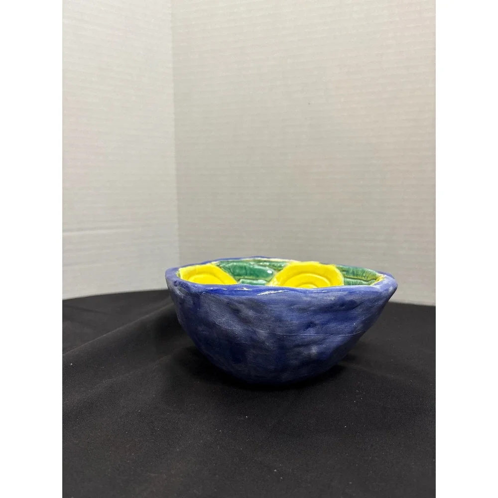 Handmade Ceramic Bowl - Colorful Trinket Dish, Blue Yellow Green Painted Pottery